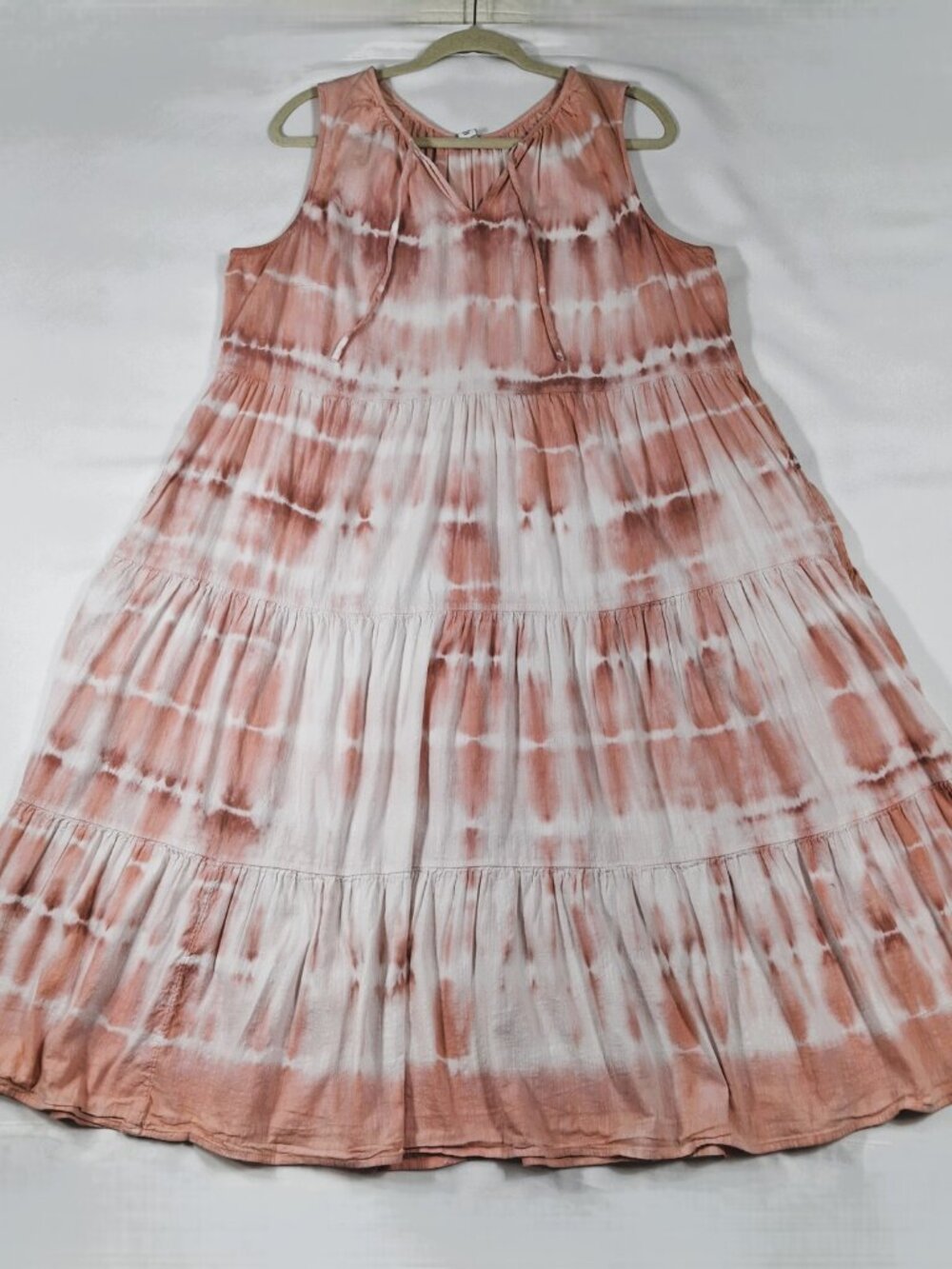 Old Navy Sz XL Flared Tiered Tie-Neck Tie-Dyed Midi Swing Dress Coral Tone White
